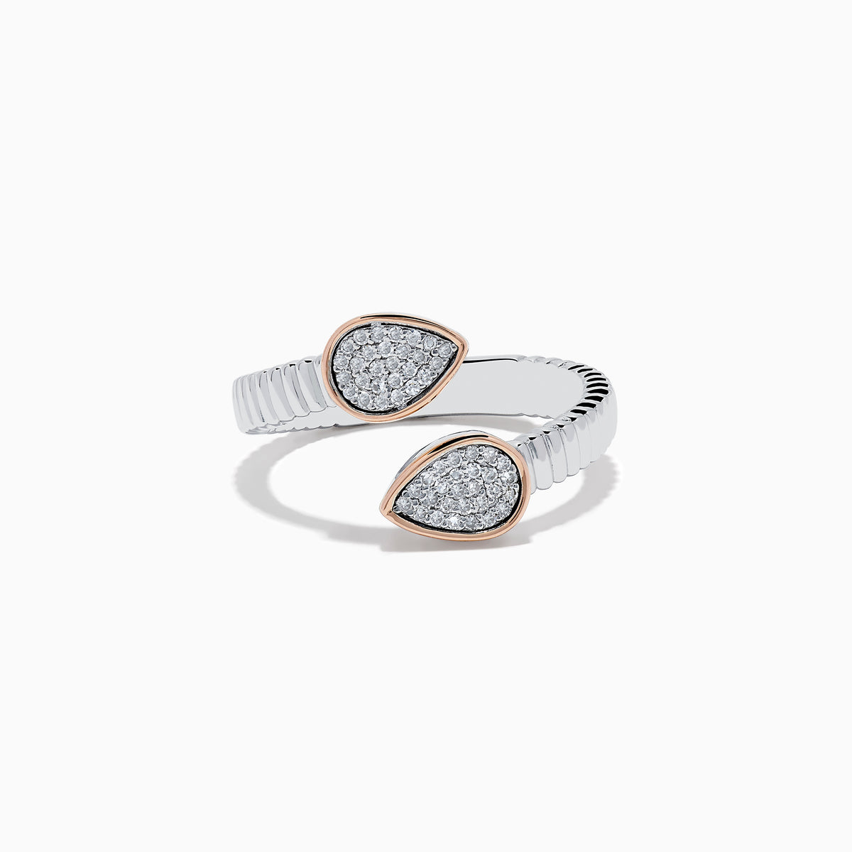 The 925 Sterling Silver & 14K Rose Gold Diamond Bypass Ring features a ribbed open band with two teardrop-shaped, diamond-encrusted ends outlined in rose gold, creating an elegant look against a white background.