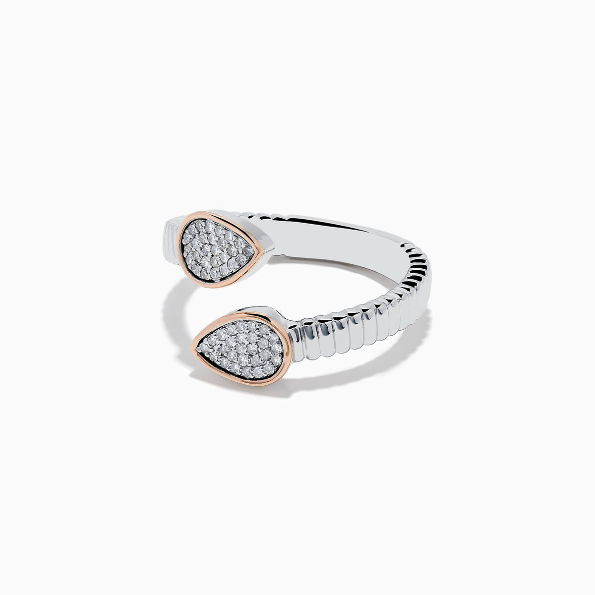 The 925 Sterling Silver & 14K Rose Gold Diamond Bypass Ring features a ribbed open band with two teardrop-shaped, diamond-encrusted ends outlined in rose gold, creating an elegant look against a white background.