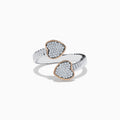 The 925 Sterling Silver & 14K Rose Gold Diamond Heart Bypass Ring features a ribbed band with two open ends, each accented by a heart-shaped cluster of small diamonds outlined in rose gold. Shown on a white background.