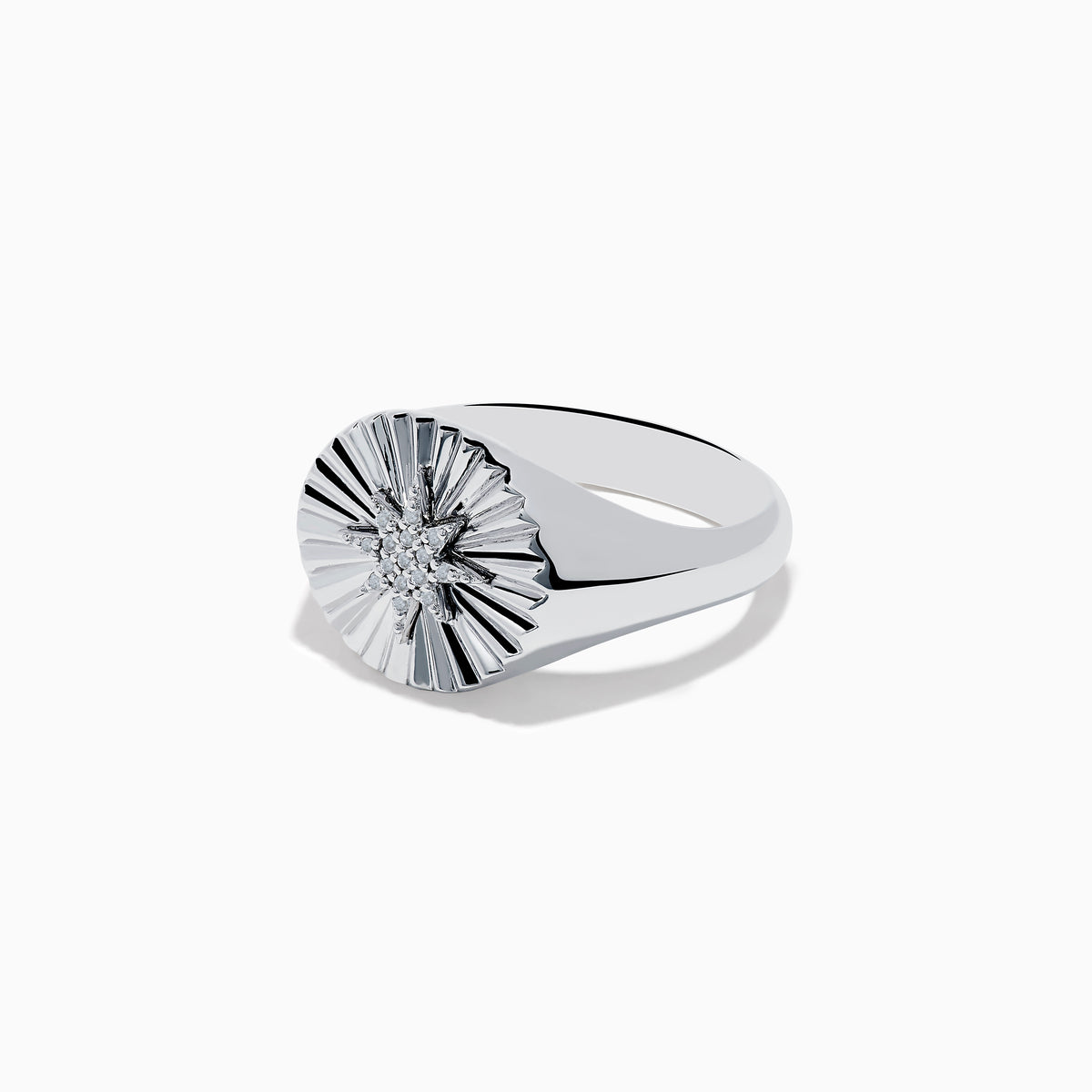 The 925 Sterling Silver Diamond Star Ring features a raised, textured starburst design on its circular face with a central cluster of sparkling stones.