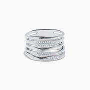 The 925 Sterling Silver Diamond Stacked Ring features four wavy stacked bands, each accented with white stone clusters for a modern, elegant look. Displayed on a plain white background.