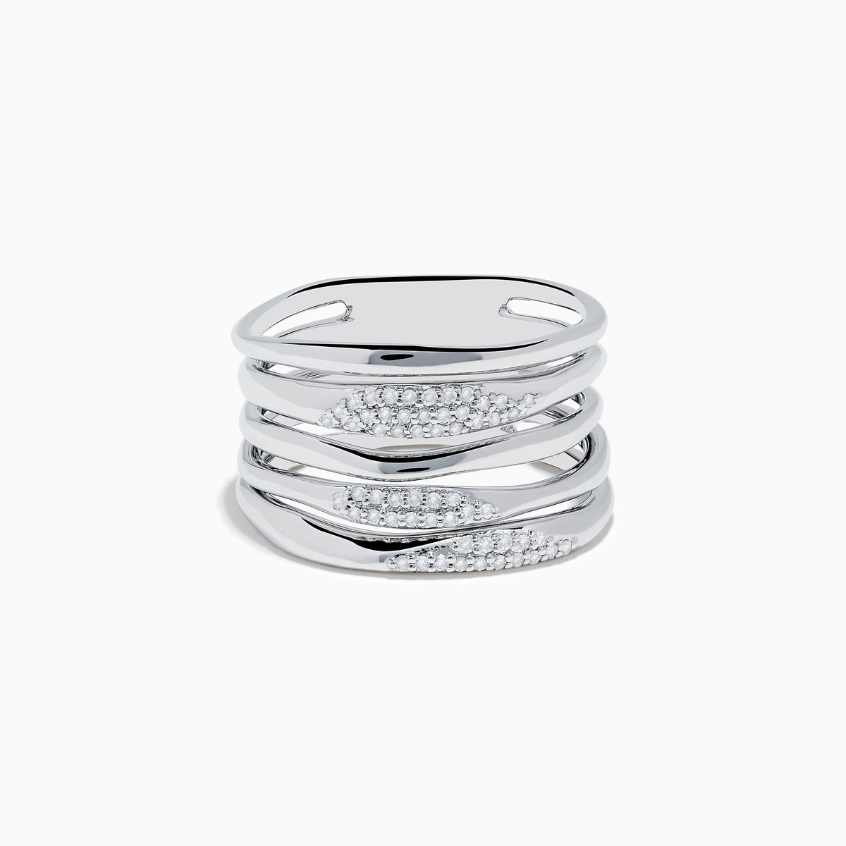 The 925 Sterling Silver Diamond Stacked Ring features four wavy stacked bands, each accented with white stone clusters for a modern, elegant look. Displayed on a plain white background.