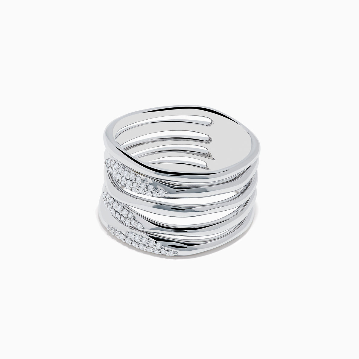 The 925 Sterling Silver Diamond Stacked Ring features four wavy stacked bands, each accented with white stone clusters for a modern, elegant look. Displayed on a plain white background.
