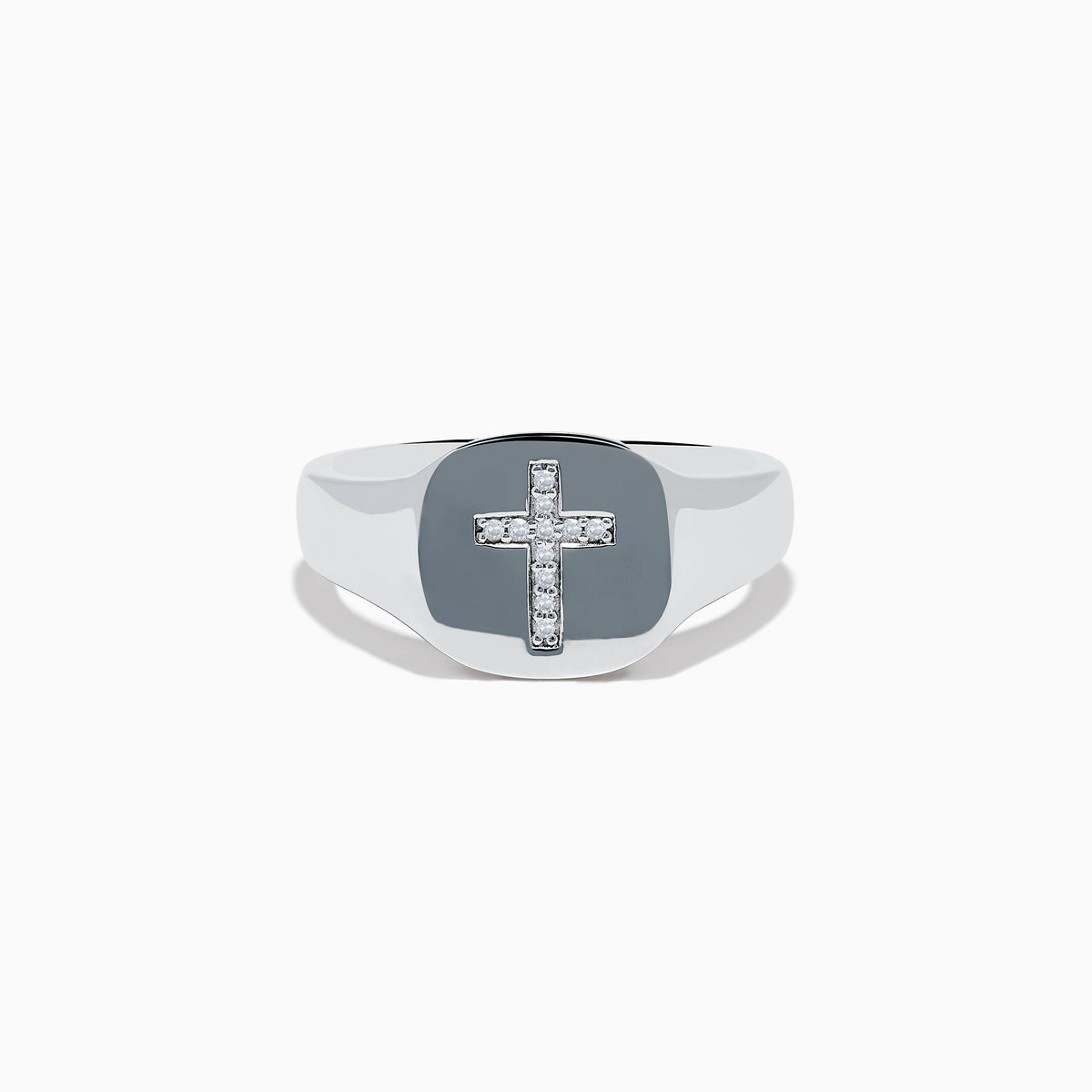 The 925 Sterling Silver Diamond Cross Ring features a flat, oval top with a raised diamond cross set with small white stones against a black background, creating a simple and elegant design.