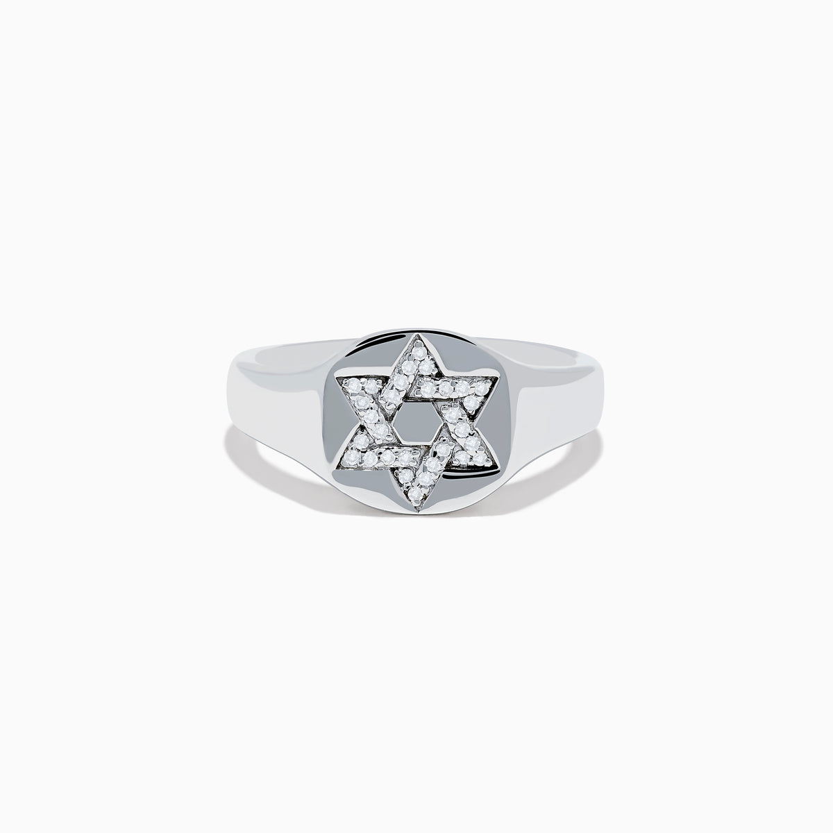 The 925 Sterling Silver Diamond Star of David Ring features a raised, diamond-encrusted Star of David on a polished band, elegantly displayed against a white background.