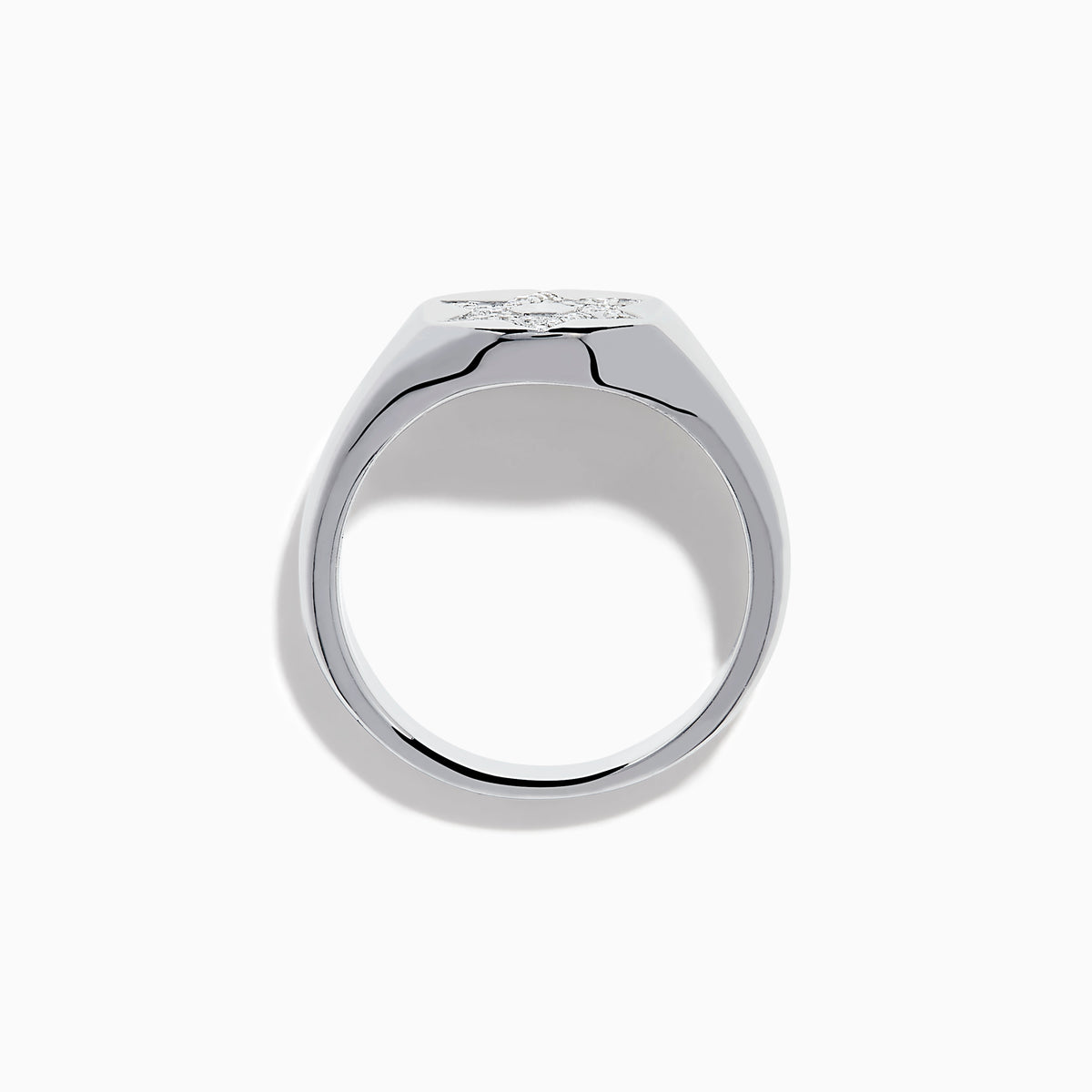 The 925 Sterling Silver Diamond Star of David Ring features a raised, diamond-encrusted Star of David on a polished band, elegantly displayed against a white background.