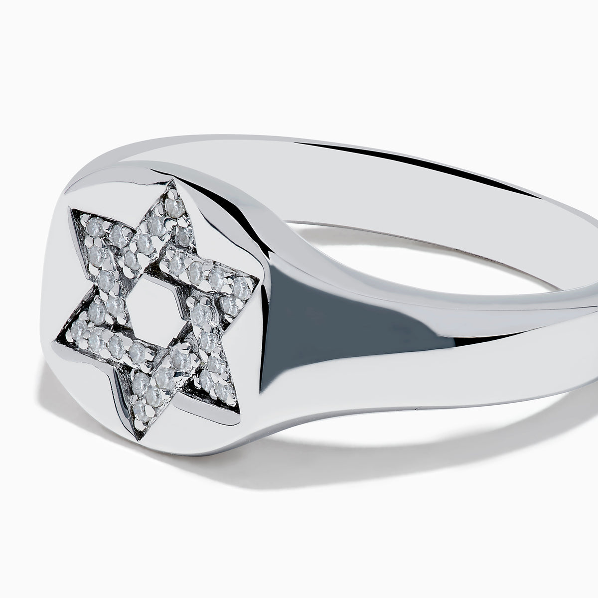 The 925 Sterling Silver Diamond Star of David Ring features a raised, diamond-encrusted Star of David on a polished band, elegantly displayed against a white background.