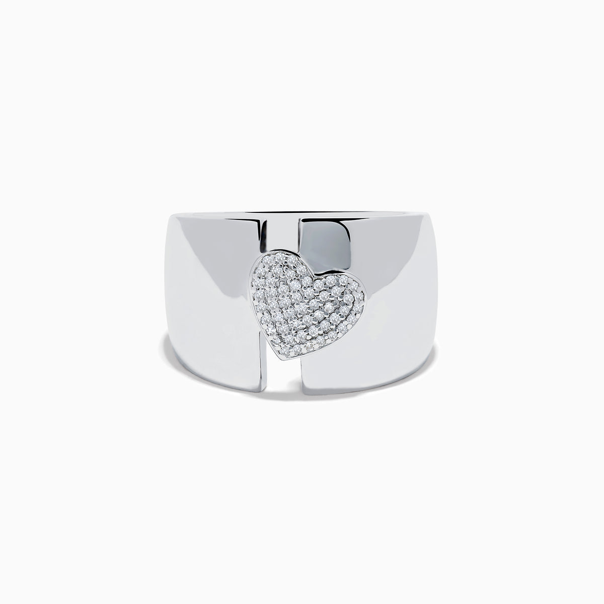 The 925 Sterling Silver Diamond Heart Wide Band Ring showcases a raised heart encrusted with sparkling diamonds at the center, set on a plain sterling silver band.