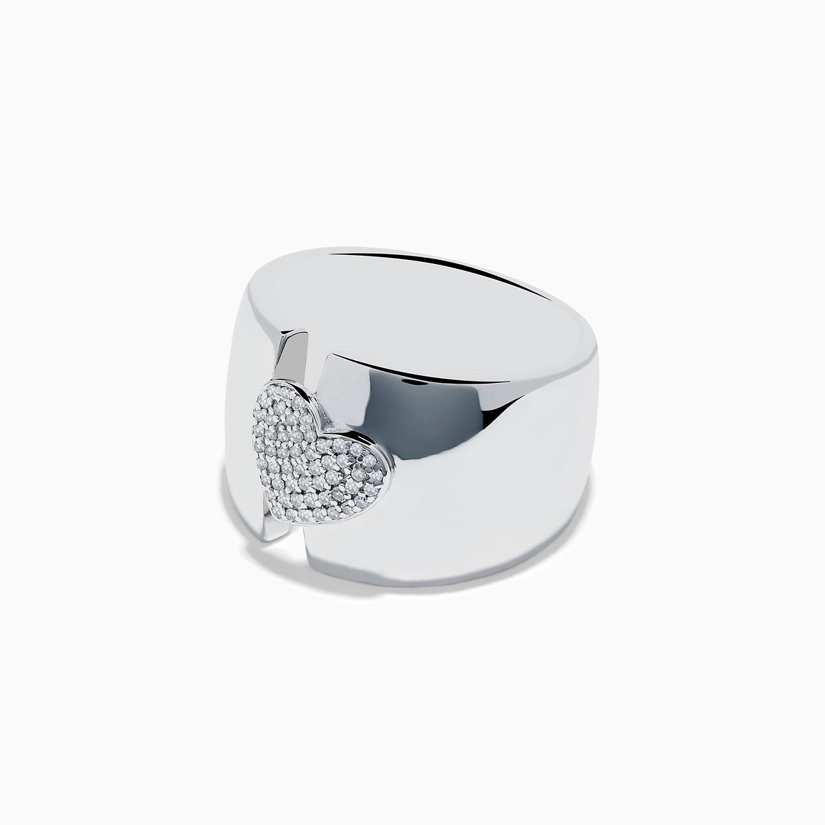 The 925 Sterling Silver Diamond Heart Wide Band Ring showcases a raised heart encrusted with sparkling diamonds at the center, set on a plain sterling silver band.