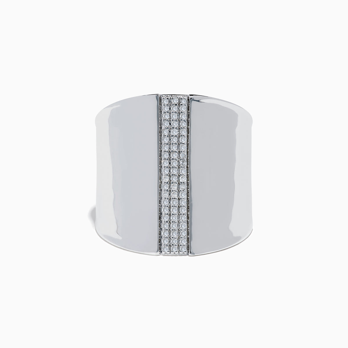 The 925 Sterling Silver Diamond Ring features a wide, polished band with three vertical rows of sparkling diamonds set in the center against a plain white background.