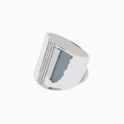 The 925 Sterling Silver Diamond Ring features a wide, polished band with three vertical rows of sparkling diamonds set in the center against a plain white background.