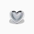 The 925 Sterling Silver Diamond Bubble Heart Ring features a smooth, reflective heart shape bordered by sparkling diamond-like gems, set against a white background.