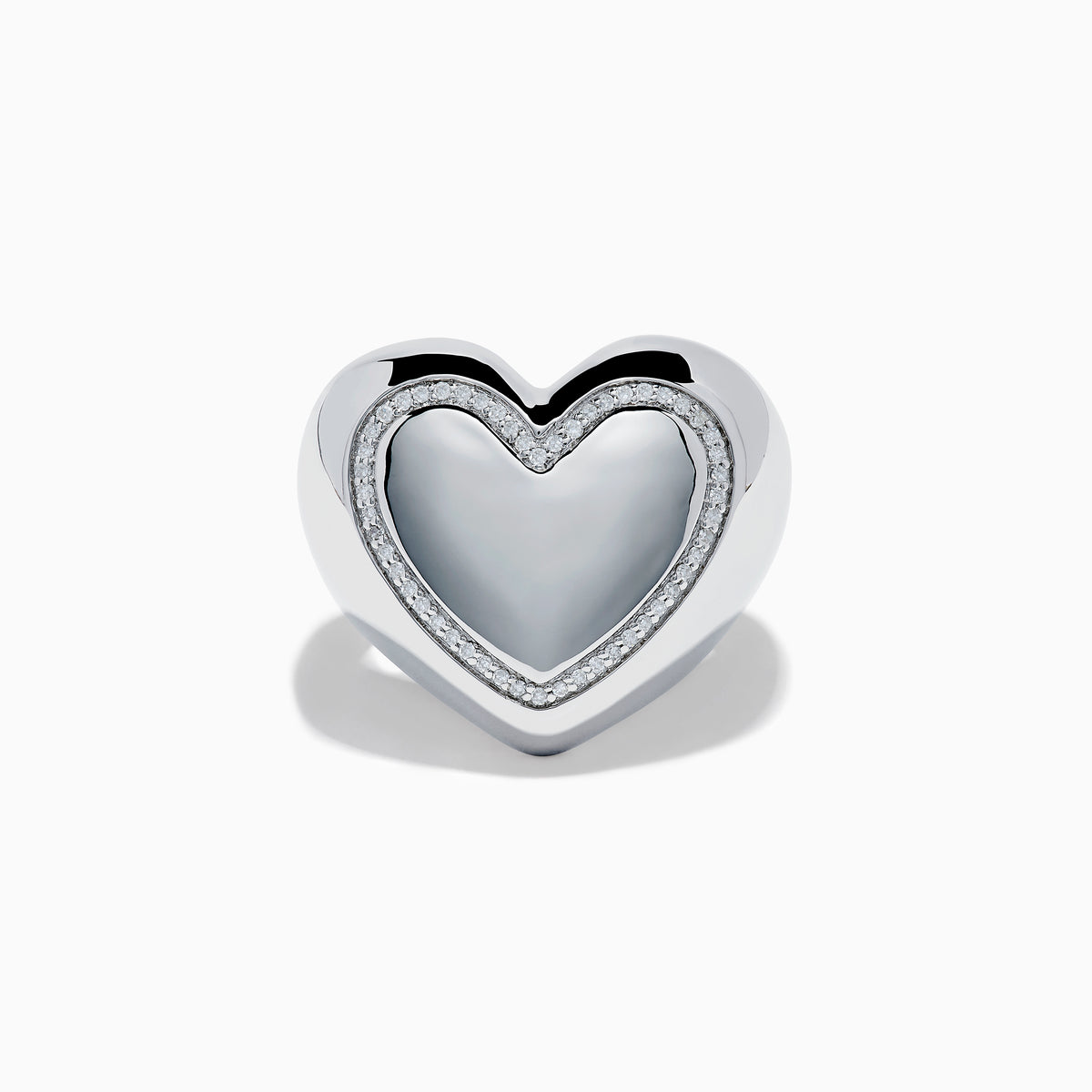 The 925 Sterling Silver Diamond Bubble Heart Ring features a smooth, reflective heart shape bordered by sparkling diamond-like gems, set against a white background.