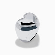 The 925 Sterling Silver Diamond Bubble Heart Ring features a smooth, reflective heart shape bordered by sparkling diamond-like gems, set against a white background.