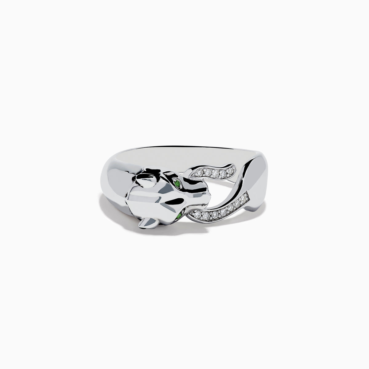 The 925 Sterling Silver Tsavorite and Diamond Panther Ring features a sculpted panther head with tsavorite eyes, black enamel spots, and diamond mouth details, shown on a plain white background.