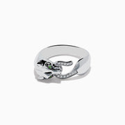 The 925 Sterling Silver Tsavorite and Diamond Panther Ring features a sculpted panther head with tsavorite eyes, black enamel spots, and diamond mouth details, shown on a plain white background.