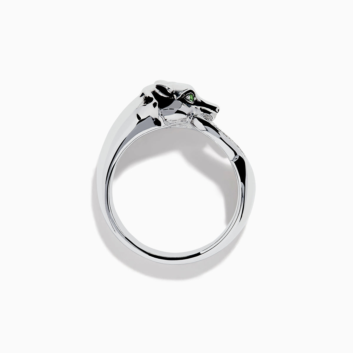 The 925 Sterling Silver Tsavorite and Diamond Panther Ring features a sculpted panther head with tsavorite eyes, black enamel spots, and diamond mouth details, shown on a plain white background.
