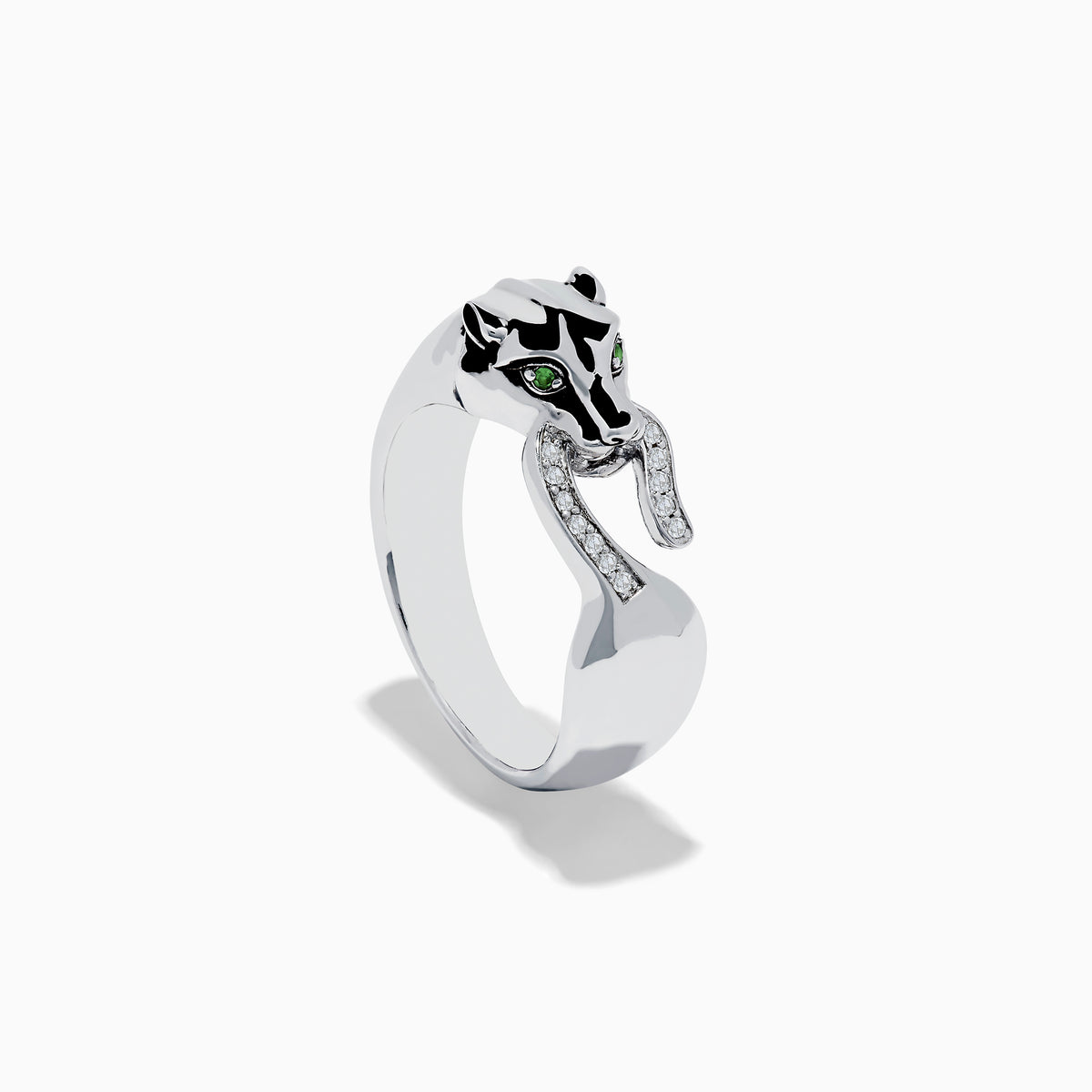 The 925 Sterling Silver Tsavorite and Diamond Panther Ring features a sculpted panther head with tsavorite eyes, black enamel spots, and diamond mouth details, shown on a plain white background.