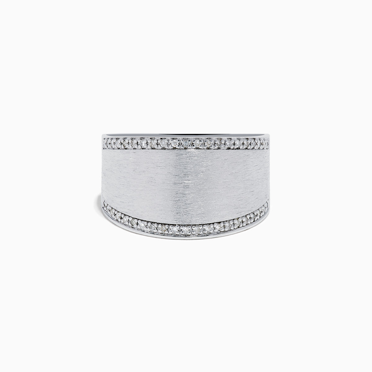 The 925 Sterling Silver Diamond Wide Ring features a brushed matte finish and rows of sparkling diamonds along the borders, displayed against a plain white background.