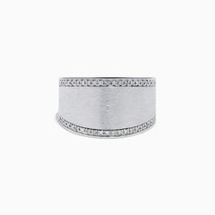 The 925 Sterling Silver Diamond Wide Ring features a brushed matte finish and rows of sparkling diamonds along the borders, displayed against a plain white background.