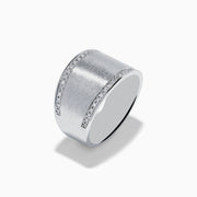The 925 Sterling Silver Diamond Wide Ring features a brushed matte finish and rows of sparkling diamonds along the borders, displayed against a plain white background.