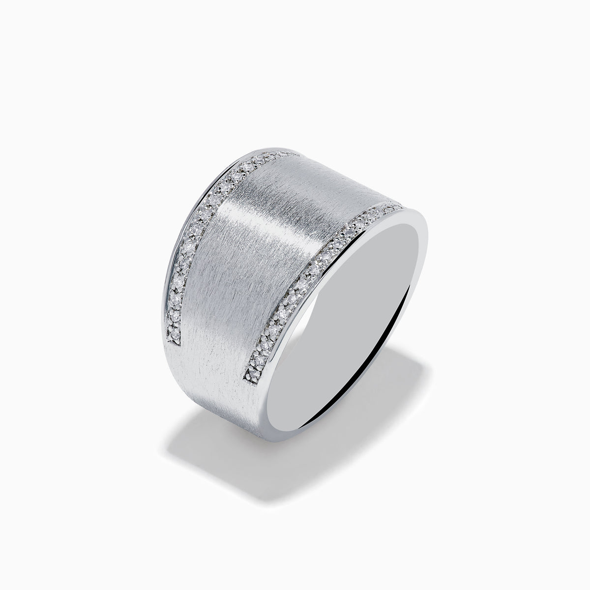 The 925 Sterling Silver Diamond Wide Ring features a brushed matte finish and rows of sparkling diamonds along the borders, displayed against a plain white background.