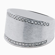 The 925 Sterling Silver Diamond Wide Ring features a brushed matte finish and rows of sparkling diamonds along the borders, displayed against a plain white background.