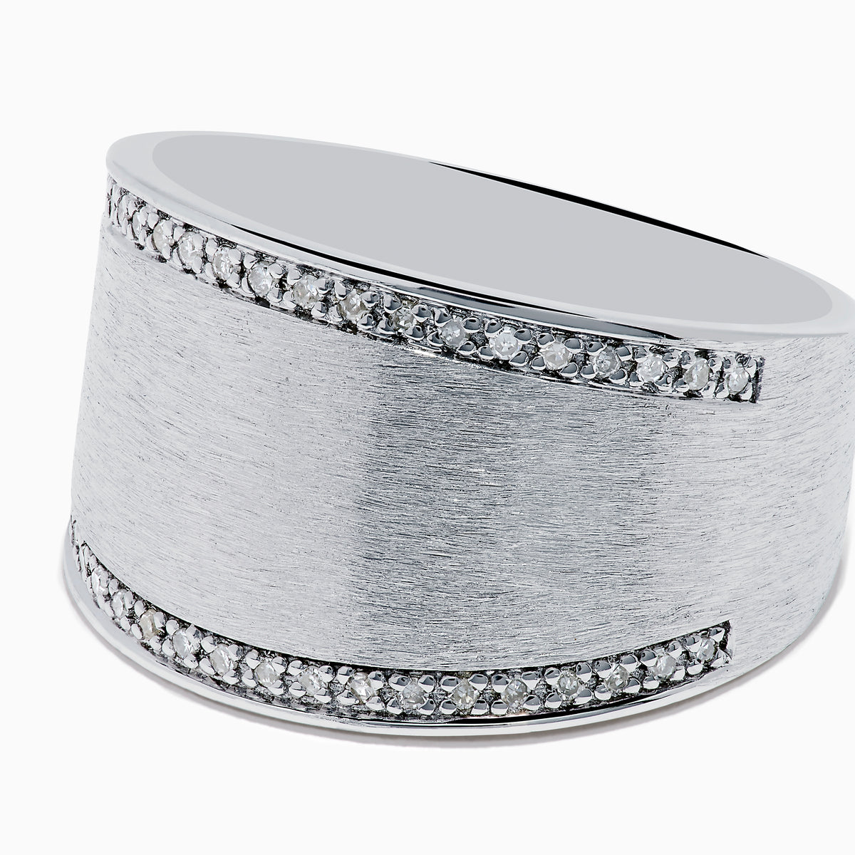 The 925 Sterling Silver Diamond Wide Ring features a brushed matte finish and rows of sparkling diamonds along the borders, displayed against a plain white background.