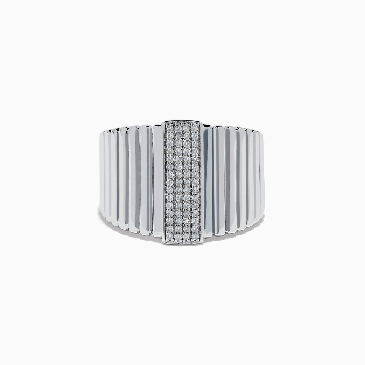 The 925 Sterling Silver Diamond Band Ring features vertical ridges and a rectangular center adorned with rows of sparkling diamonds, shown against a plain white background.