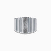 The 925 Sterling Silver Diamond Band Ring features vertical ridges and a rectangular center adorned with rows of sparkling diamonds, shown against a plain white background.