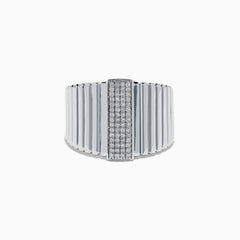 The 925 Sterling Silver Diamond Band Ring features vertical ridges and a rectangular center adorned with rows of sparkling diamonds, shown against a plain white background.