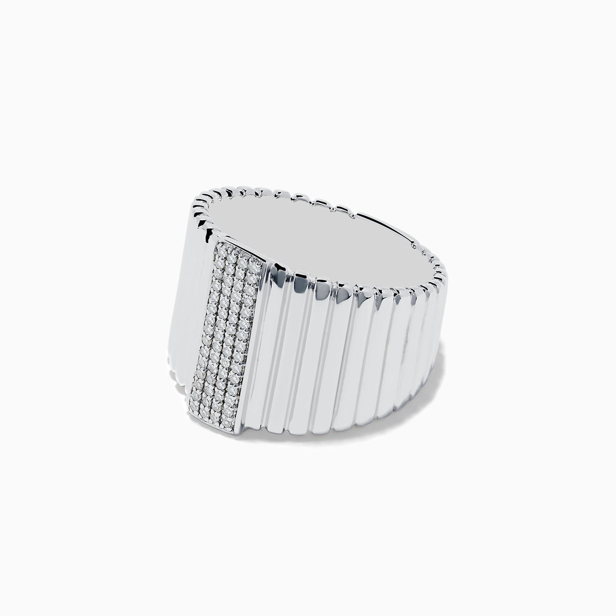 The 925 Sterling Silver Diamond Band Ring features vertical ridges and a rectangular center adorned with rows of sparkling diamonds, shown against a plain white background.