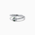 The 925 Sterling Silver Diamond and Tsavorite Snake Ring features a twisted snake design with a head adorned with clear stones and two tsavorite green gemstone eyes, set against a white background.