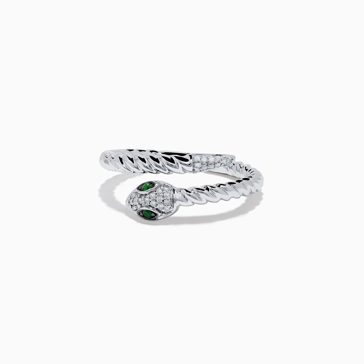 The 925 Sterling Silver Diamond and Tsavorite Snake Ring features a twisted snake design with a head adorned with clear stones and two tsavorite green gemstone eyes, set against a white background.