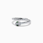 The 925 Sterling Silver Diamond and Tsavorite Snake Ring features a twisted snake design with a head adorned with clear stones and two tsavorite green gemstone eyes, set against a white background.