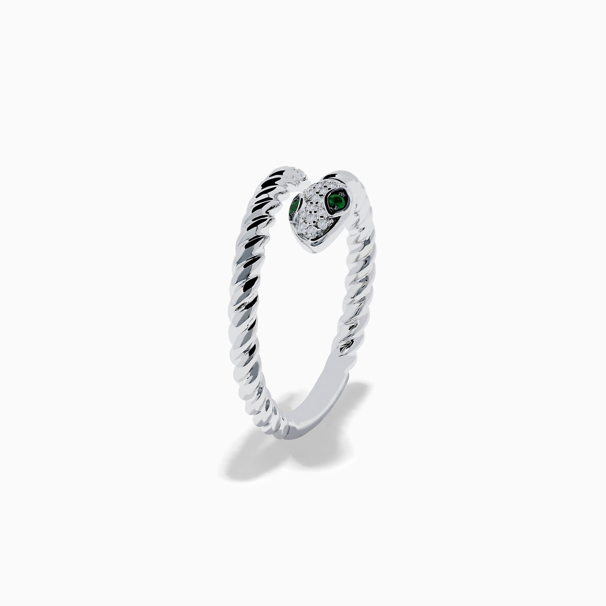 The 925 Sterling Silver Diamond and Tsavorite Snake Ring features a twisted snake design with a head adorned with clear stones and two tsavorite green gemstone eyes, set against a white background.