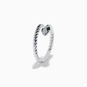 The 925 Sterling Silver Diamond and Tsavorite Snake Ring features a twisted snake design with a head adorned with clear stones and two tsavorite green gemstone eyes, set against a white background.