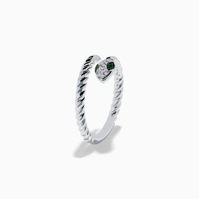 The 925 Sterling Silver Diamond and Tsavorite Snake Ring features a twisted snake design with a head adorned with clear stones and two tsavorite green gemstone eyes, set against a white background.