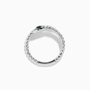 The 925 Sterling Silver Diamond and Tsavorite Snake Ring features a twisted snake design with a head adorned with clear stones and two tsavorite green gemstone eyes, set against a white background.