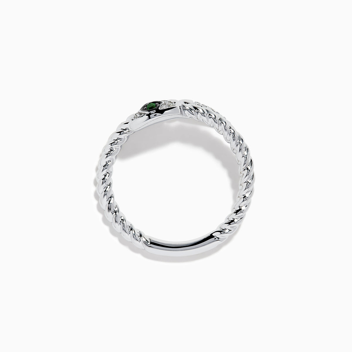 The 925 Sterling Silver Diamond and Tsavorite Snake Ring features a twisted snake design with a head adorned with clear stones and two tsavorite green gemstone eyes, set against a white background.