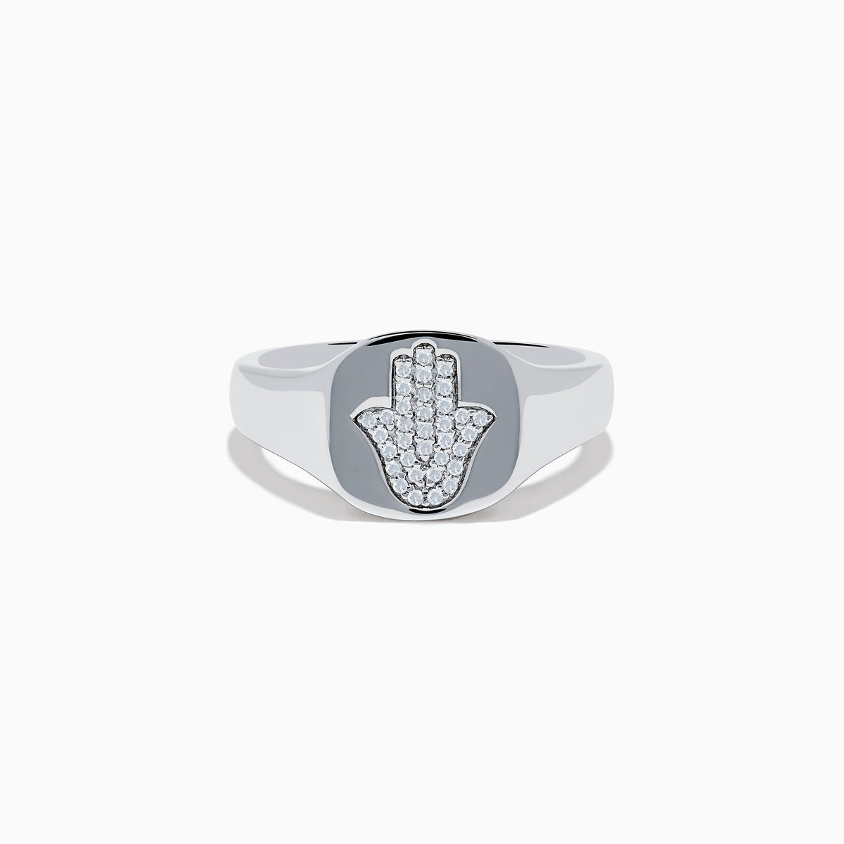 The 925 Sterling Silver Diamond Hamsa Ring features a round face adorned with small clear stones, giving it a sparkling finish.
