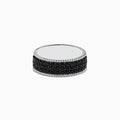 The Mens 925 Sterling Silver Black Sapphire Ring features a round, smooth, reflective top and sides adorned with small black sapphires, presented against a white background.