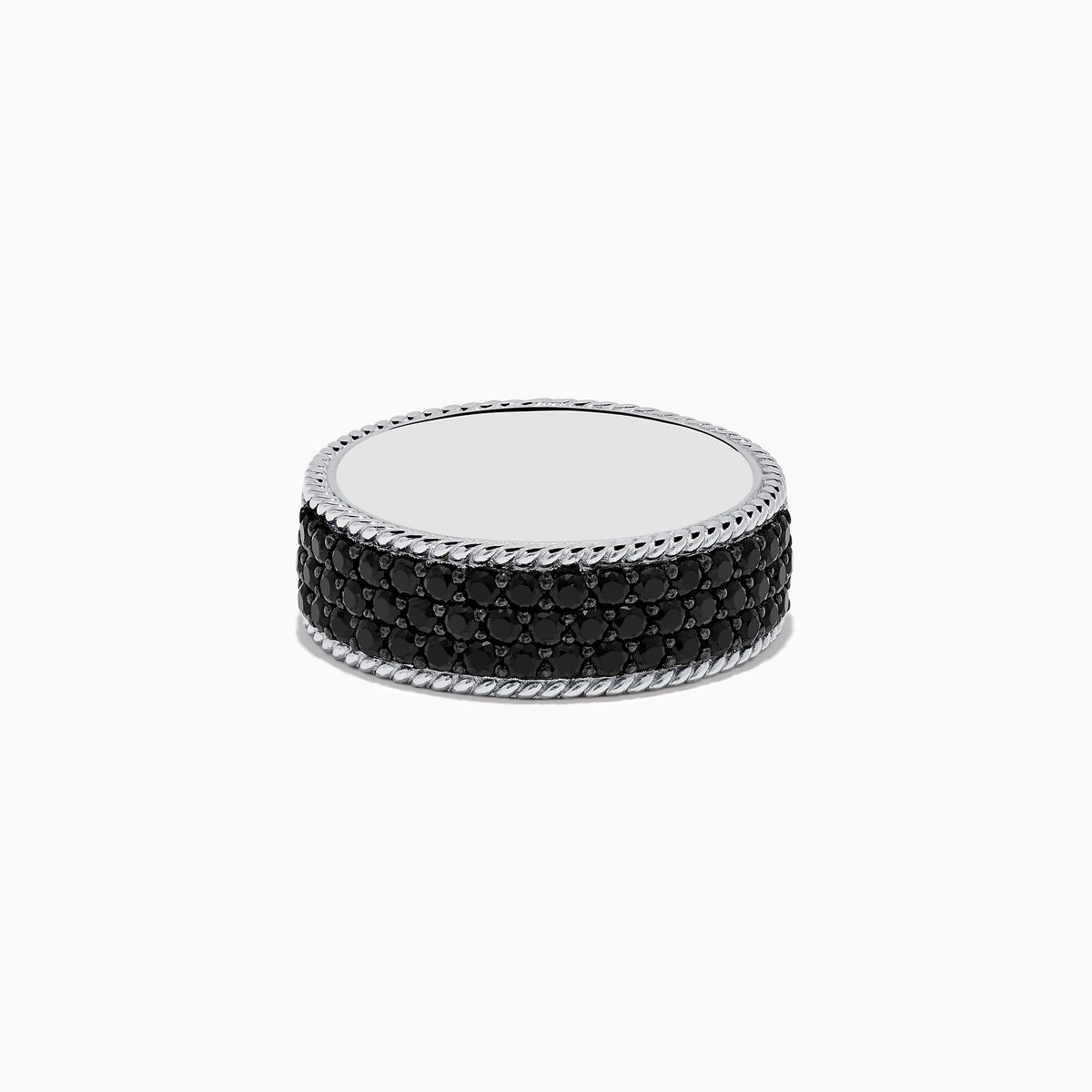 The Mens 925 Sterling Silver Black Sapphire Ring features a round, smooth, reflective top and sides adorned with small black sapphires, presented against a white background.