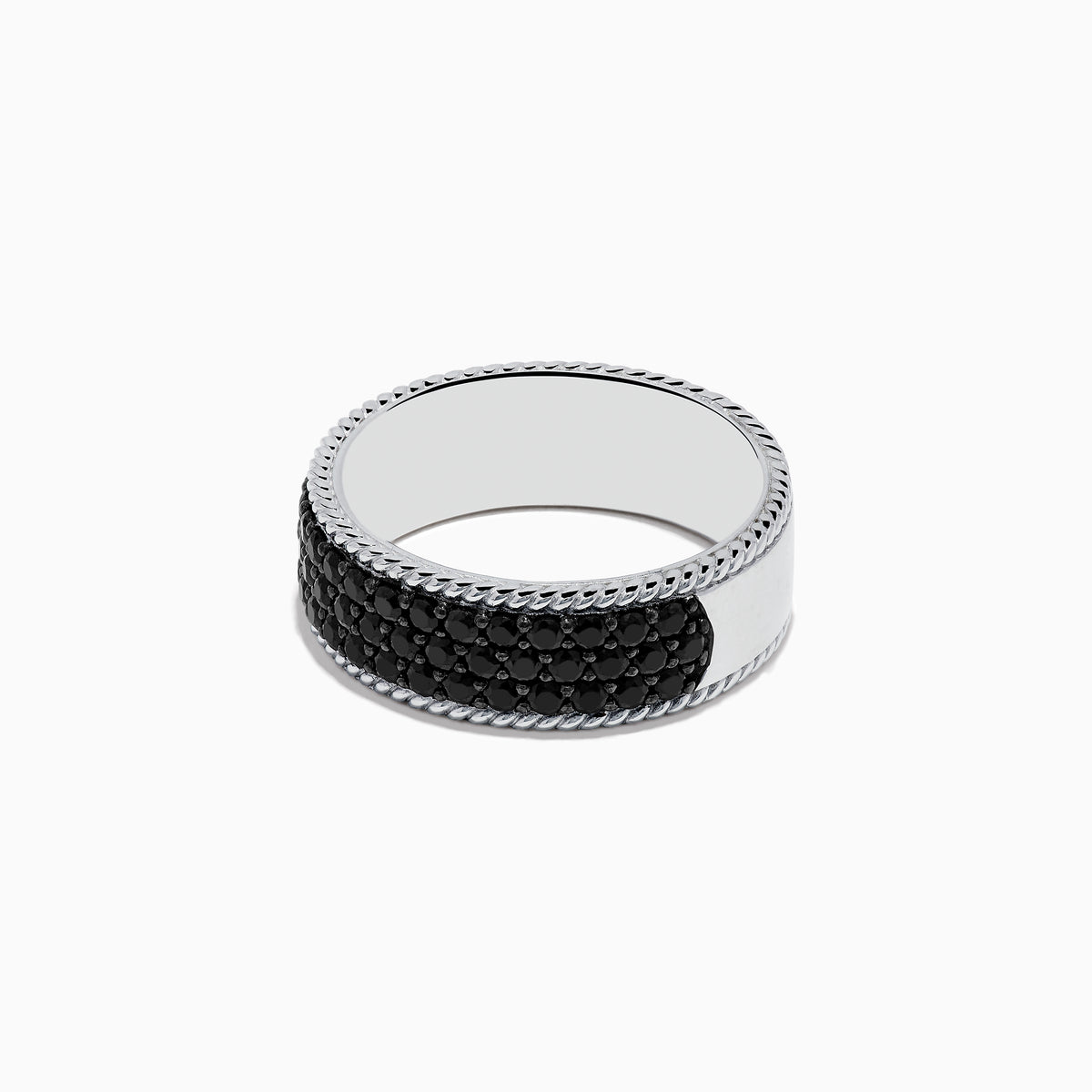 The Mens 925 Sterling Silver Black Sapphire Ring features a round, smooth, reflective top and sides adorned with small black sapphires, presented against a white background.