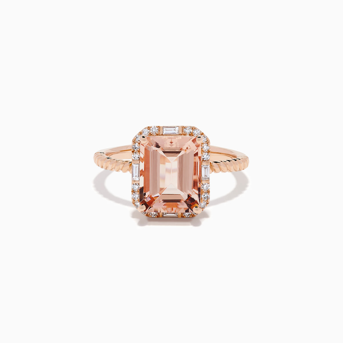 14K Rose Gold Morganite and Diamond Emerald-Cut Halo Ring