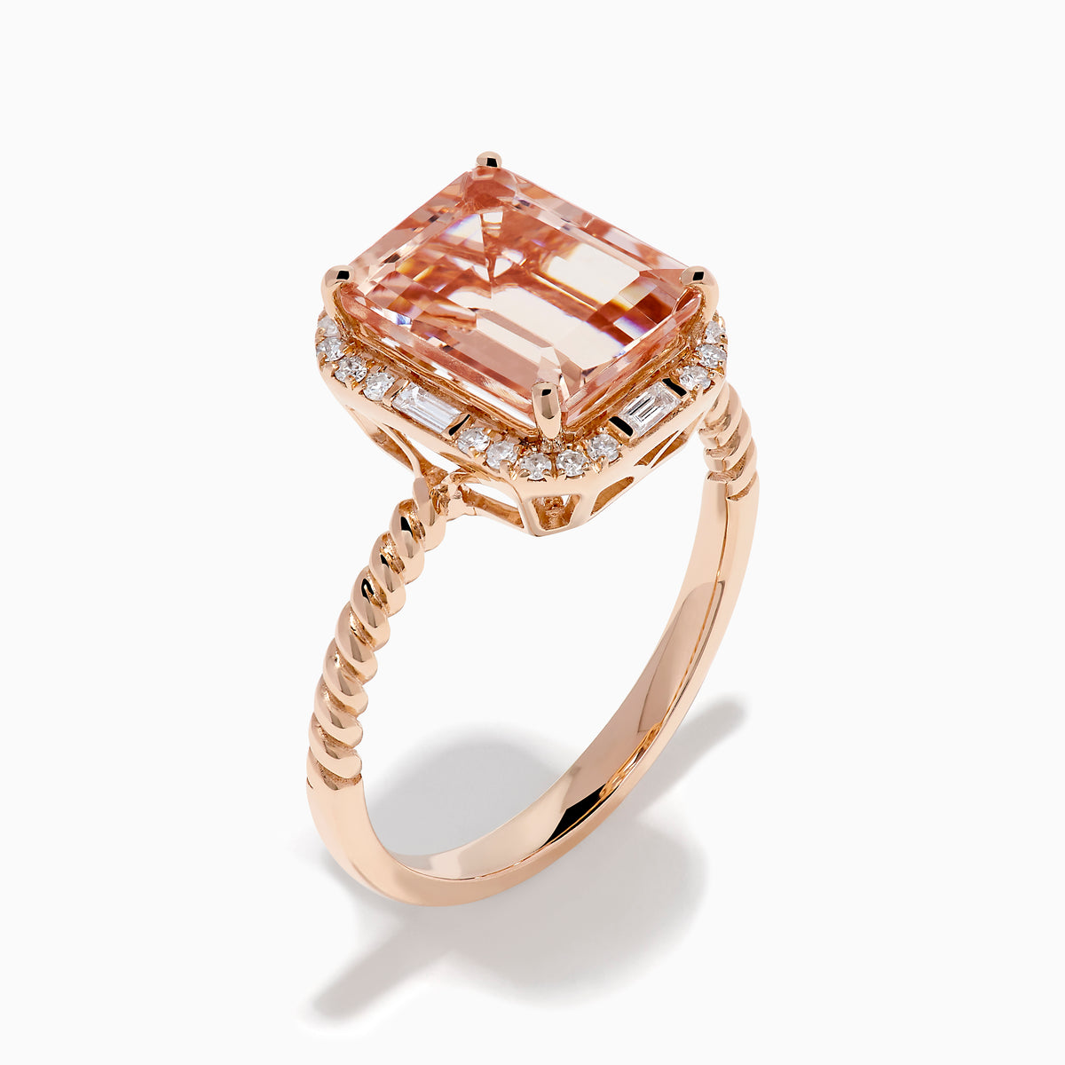 14K Rose Gold Morganite and Diamond Emerald-Cut Halo Ring