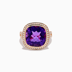 The 14K Rose Gold Amethyst and Diamond Cocktail Ring features a cushion-cut amethyst center, encircled by sparkling round diamonds, all set in elegant rose gold against a white background.
