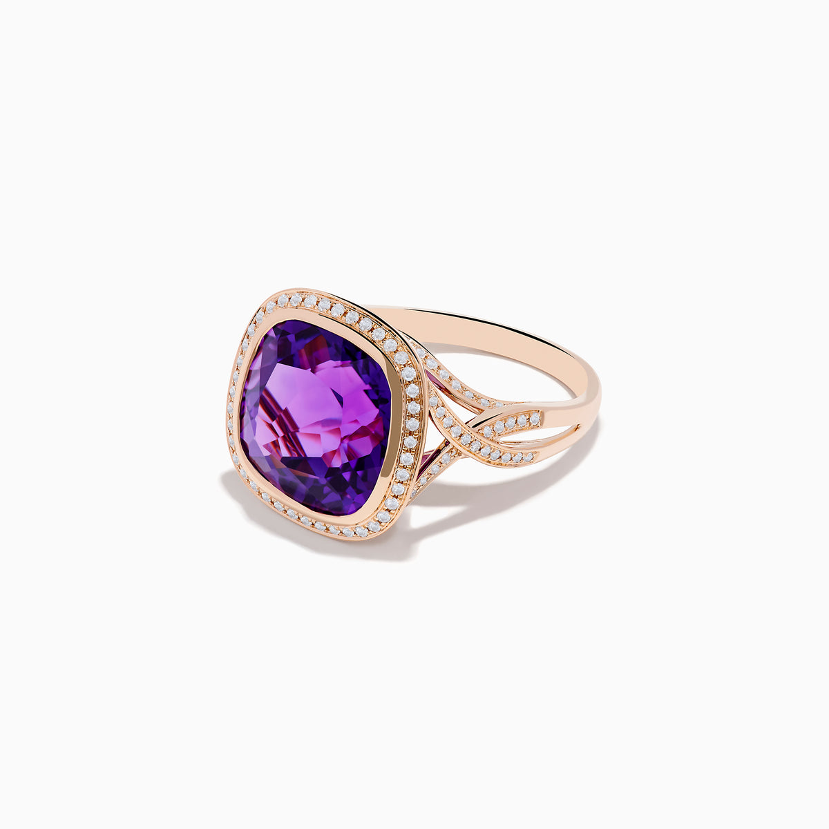 The 14K Rose Gold Amethyst and Diamond Cocktail Ring features a cushion-cut amethyst center, encircled by sparkling round diamonds, all set in elegant rose gold against a white background.