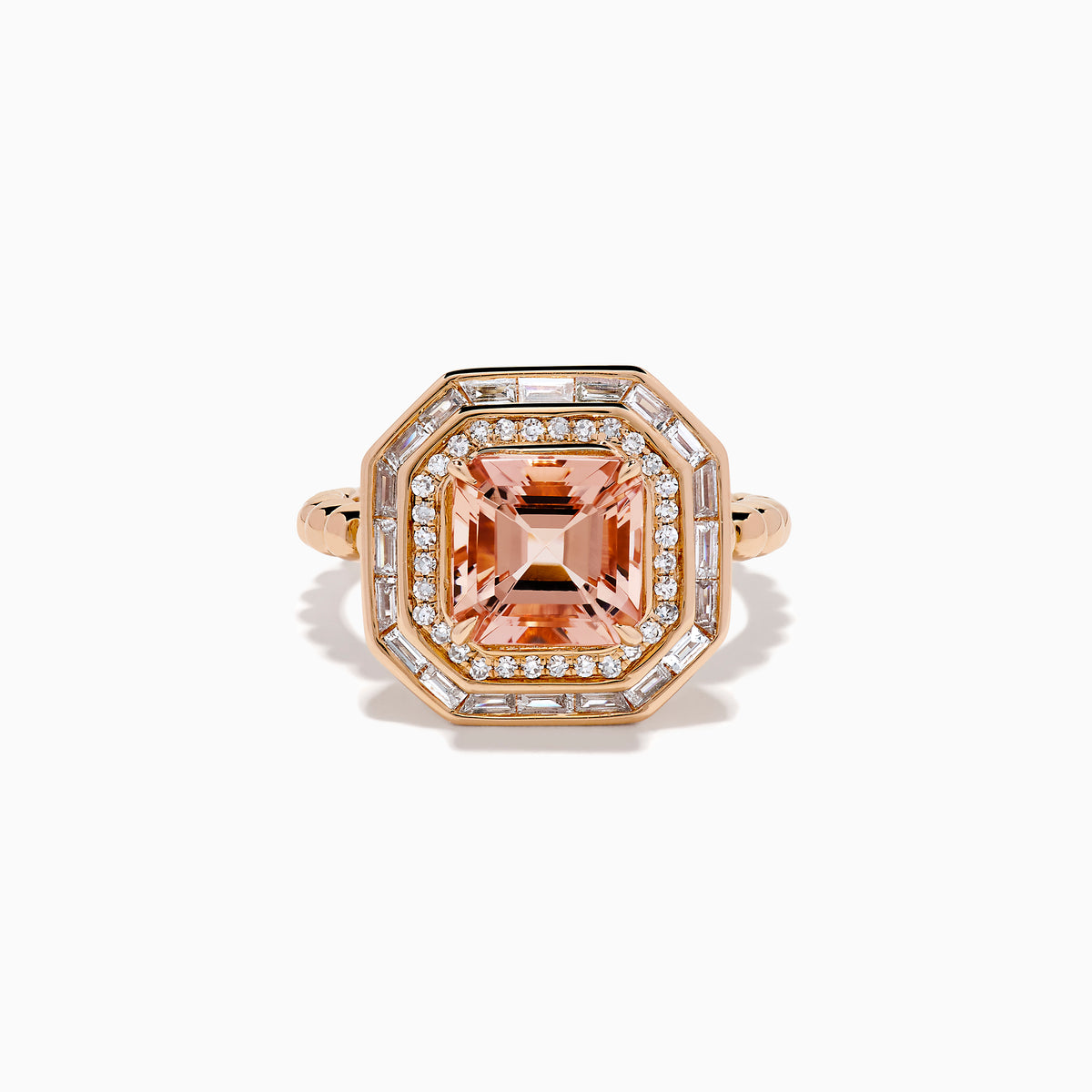 The 14K Rose Gold Morganite and Diamond Geometric Cocktail Ring showcases a large square peach morganite center, framed by two rows of sparkling white diamonds in a geometric halo, set against a white background.