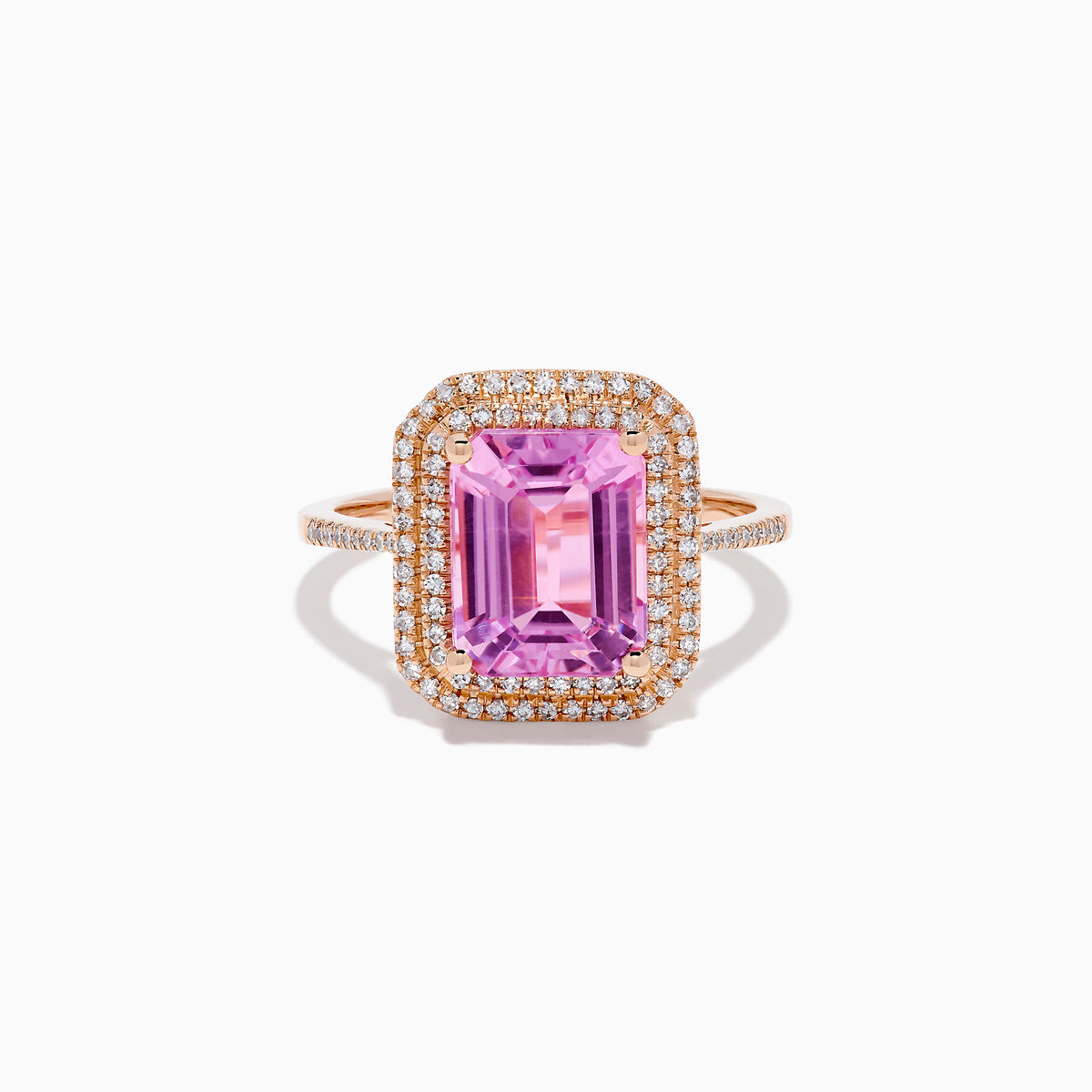 The 14K Rose Gold Kunzite and Diamond Double Halo Ring features a rectangular pink Kunzite, framed by two rows of diamonds on a rose gold band, presented against a plain white background.